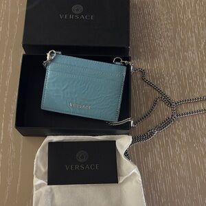 Versace Teal Leather Card Case with Chain Strap